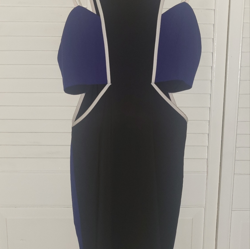 NBD size S, black blue & white cutout mini dress